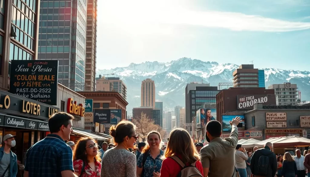 A vibrant cityscape showcasing the linguistic diversity of Colorado, with towering skyscrapers, bustling streets, and people from all walks of life conversing in a variety of languages. In the foreground, a group of friends laughing and gesturing animatedly, their native tongues mingling in the warm, sun-dappled air. The middle ground features storefront signs and restaurant menus in multiple scripts, reflecting the rich tapestry of cultures that call this state home. In the background, snow-capped mountains rise majestically, a testament to Colorado's natural beauty and the human diversity that thrives within it. Capture this scene with a cinematic, wide-angle lens, bathed in soft, golden light that lends an air of optimism and community to the vibrant scene.