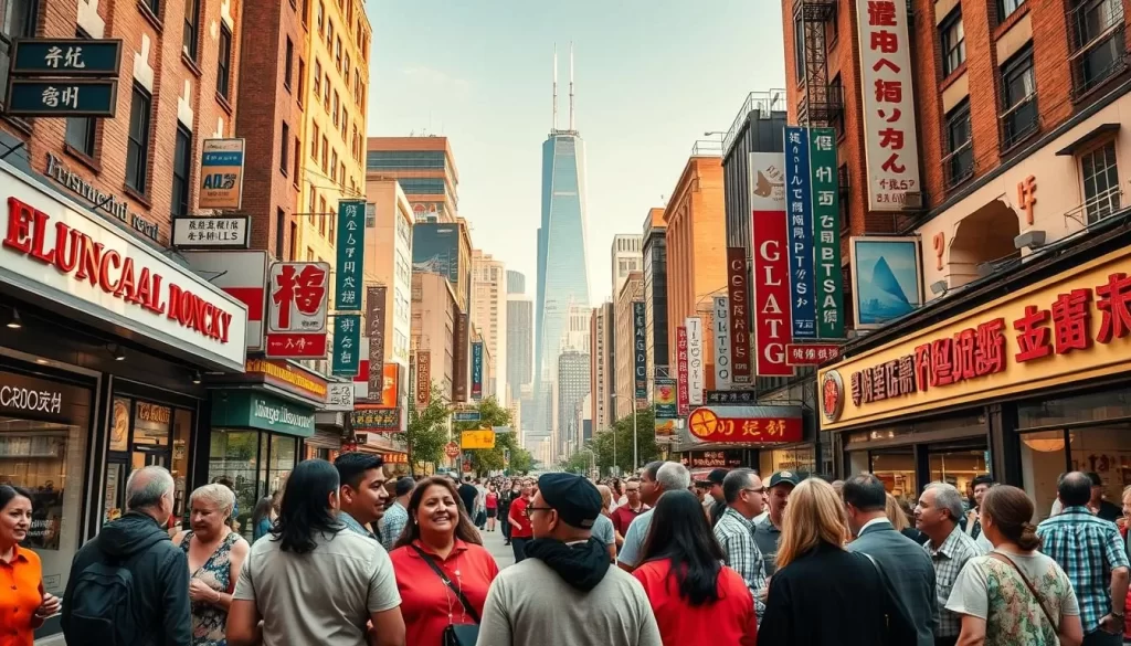 A vibrant cityscape showcasing the linguistic diversity of Illinois. In the foreground, people of different ethnicities converse animatedly in various languages, their gestures and facial expressions reflecting the richness of their cultural exchanges. The middle ground features an array of storefronts and signage in multiple scripts, from English to Spanish, Polish, and Mandarin, representing the diverse communities that thrive here. In the background, the iconic skyline of Chicago rises, a testament to the state's status as a global hub. Warm, natural lighting illuminates the scene, creating a sense of harmony and inclusion. Captured with a wide-angle lens to convey the expansive, bustling nature of this linguistic landscape.