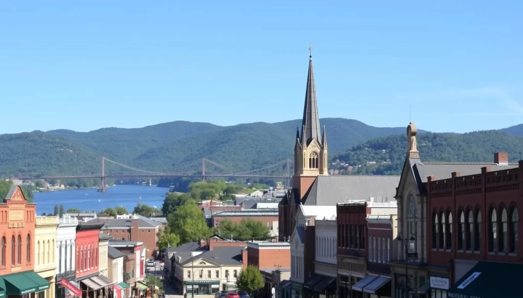 A vibrant cityscape under a clear blue sky, with the iconic Ohio River gently flowing through the heart of Huntington, West Virginia. In the foreground, bustling streets lined with historic buildings and local shops, their facades reflecting the warm glow of the sun. The middle ground features the graceful spires of St. Mary's Catholic Church and the towering Gothic-style architecture of the Cabell County Courthouse, standing as proud landmarks. In the background, the rolling green hills and lush forests of the Appalachian Mountains provide a picturesque backdrop, creating a harmonious blend of urban and natural elements. The scene conveys a sense of community, charm, and the tranquil beauty that makes Huntington a captivating destination.