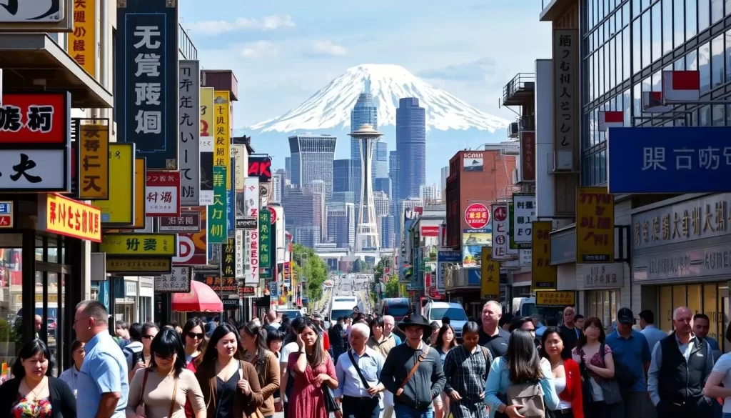 A vibrant cityscape with a diverse array of people from different cultural backgrounds, representing the linguistic richness of Washington state. In the foreground, a bustling street scene with pedestrians of varying ethnicities engaged in lively conversations, their body language and expressions conveying the energy of a multilingual community. In the middle ground, glimpses of multilingual signage, storefronts, and advertisements reflecting the state's official and widely spoken languages. In the background, the iconic skyline of Seattle, with its towering skyscrapers and the majestic Mount Rainier looming in the distance, symbolizing the state's progressive and inclusive spirit.