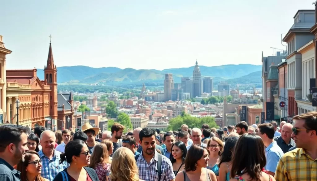 A vibrant cityscape with a diverse array of people from different cultural backgrounds, engaged in lively conversations and interactions on the bustling streets of Tennessee. The foreground showcases a multilingual crowd, with individuals speaking various languages and gesturing animatedly. In the middle ground, a blend of historical architecture and modern skyscrapers creates a visually striking contrast, reflecting the state's rich cultural heritage and progressive growth. The background features a picturesque landscape, with rolling hills and a bright, clear sky, suggesting the natural beauty that draws many to this region. The lighting is warm and inviting, creating a sense of energy and celebration, capturing the essence of Tennessee's linguistic diversity.