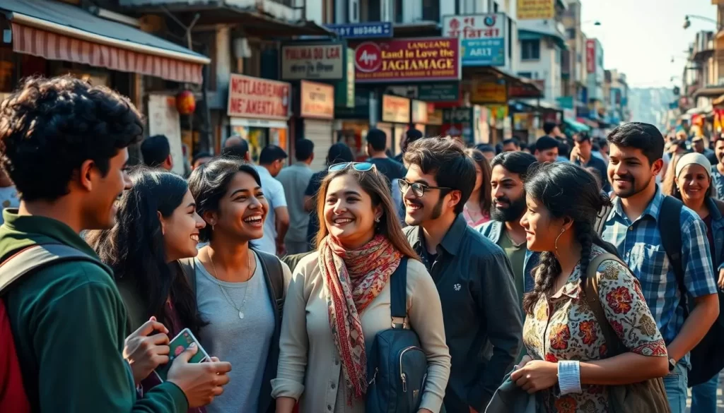 A vibrant cityscape with diverse individuals from various ethnic and cultural backgrounds engaged in lively conversations, their body language and gestures conveying the richness of their linguistic exchanges. The scene is bathed in warm, natural lighting, creating a sense of harmony and inclusivity. In the foreground, a group of students from different nationalities animatedly discuss what appears to be a school project, while in the middle ground, a family from an immigrant community navigates the streets, their faces alight with enthusiasm. In the background, a bustling marketplace showcases the multitude of languages and traditions that define the thriving community, with vendor stalls, colorful signage, and the chatter of a cosmopolitan populace.