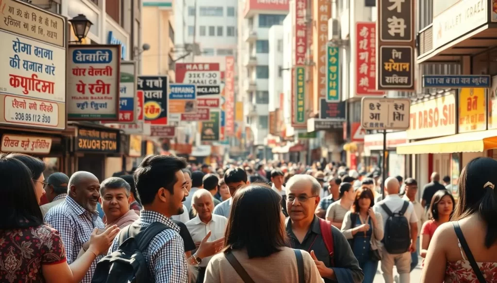 A vibrant cityscape with diverse linguistic communities, captured on a sunny afternoon. In the foreground, people of various ethnicities converse animatedly, their body language and hand gestures reflecting the richness of their exchanges. The middle ground features an array of storefront signs and advertisements in multiple scripts, hinting at the variety of businesses and cultures present. In the background, a bustling street scene with pedestrians of all ages and backgrounds, each adding to the tapestry of this multilingual urban landscape. Warm, diffused lighting casts a welcoming glow, evoking a sense of harmony and interconnectedness among the city's language communities.