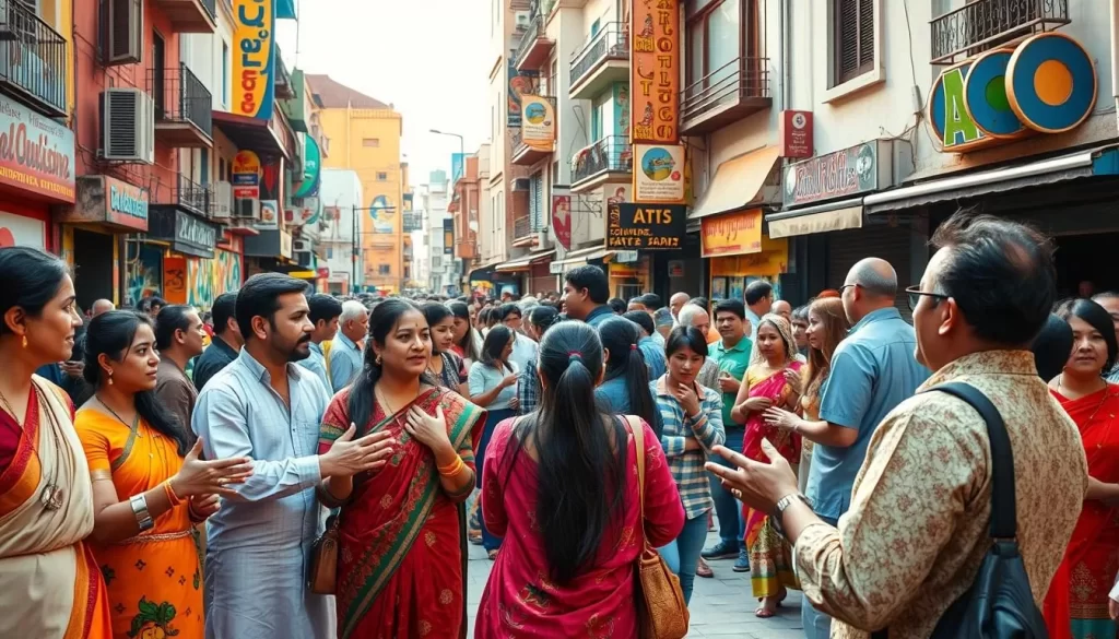 A vibrant cityscape with diverse people engaging in lively cultural activities. In the foreground, a group of friends in traditional garments animatedly conversing, their gestures and expressions conveying the richness of their language. In the middle ground, a street performer captivates a crowd with a mesmerizing dance, their movements in sync with the rhythmic beat. In the background, colorful murals and signage adorn the buildings, showcasing the visual language and artistic heritage of the region. Warm, natural lighting illuminates the scene, creating a welcoming, festive atmosphere that celebrates the interplay of language and culture.