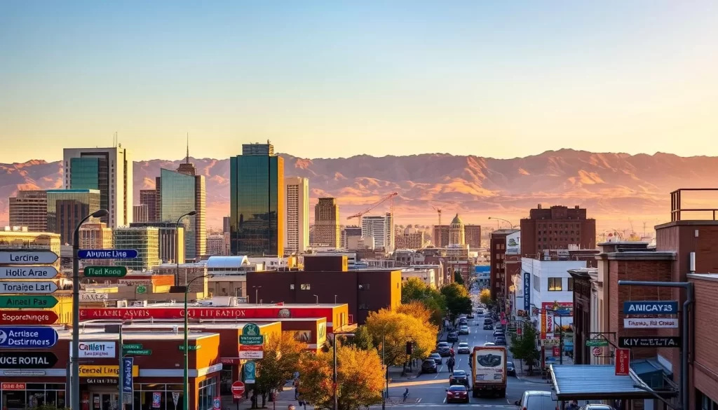 A vibrant cityscape with the diverse languages of Utah in the foreground. Skyscrapers and landmarks in the middle ground, bathed in warm golden sunlight. The state's natural beauty, such as mountains and valleys, forms the distant background. Multiple languages are represented through street signs, storefront displays, and people conversing. A harmonious blend of cultures, reflecting Utah's linguistic richness. Shot from a slightly elevated perspective, capturing the dynamism and energy of this multilingual environment.