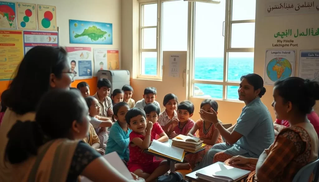 A vibrant classroom in Lakshadweep, India, with children of diverse ethnicities engaged in lively language lessons. Sunlight streams through large windows, illuminating the colorful walls adorned with educational posters. In the foreground, a teacher gestures animatedly, leading a interactive session on the local Dhivehi language. Students sit attentively, some taking notes, others participating in group activities. In the background, a glimpse of the azure Indian Ocean visible through the windows, underscoring the island setting. The atmosphere is one of joy, curiosity, and a celebration of the region's linguistic heritage.