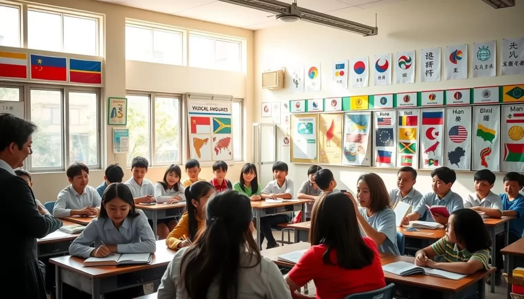 A vibrant classroom in Yilan County, Taiwan, filled with diverse students engaged in lively language lessons. Sunlight streams through large windows, casting a warm glow on the scene. In the foreground, a teacher gestures animatedly while students of various ethnicities listen intently, books and notebooks in hand. Posters depicting the official and widely spoken languages of the region adorn the colorful walls. In the middle ground, students collaborate in small groups, practicing conversational skills. The atmosphere is one of active learning and cultural exchange, reflecting the multilingual nature of education in this corner of Taiwan.