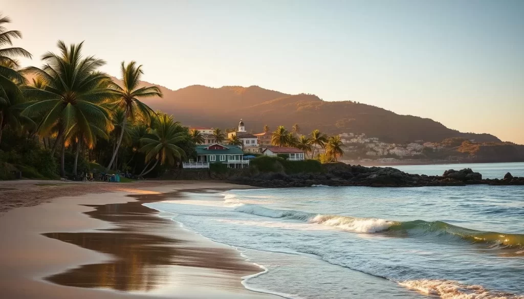 A vibrant coastal scene along the east coast, with gently rolling waves lapping against a sandy beach. The warm sun casts a golden glow across the landscape, illuminating the lush palm trees swaying in the gentle breeze. In the distance, a picturesque village nestled among the hills, its colorful houses and buildings reflected in the calm waters of a tranquil bay. The overall mood is one of serenity and natural beauty, inviting the viewer to imagine a peaceful, weather-savvy getaway.
