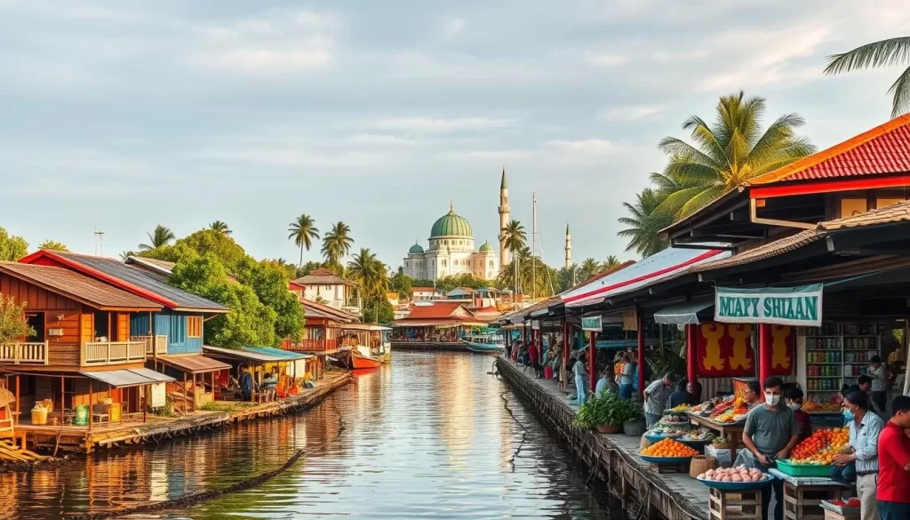 A vibrant coastal scene in Kuala Terengganu, Malaysia's hidden gem. In the foreground, traditional wooden houses line the banks of a serene river, their colorful facades reflected in the calm waters. Ahead, a bustling marketplace comes into view, bustling with locals and visitors browsing stalls of fresh seafood, tropical fruits, and handcrafted goods. In the distance, the iconic green-domed Al-Muktafi Billah Shah Mosque stands tall, its elegant architecture bathed in the warm glow of the afternoon sun. Sailboats dot the horizon, their white sails catching the gentle breeze. The overall atmosphere exudes a sense of tranquility and vibrant cultural richness, inviting the viewer to discover the charms of this picturesque coastal town.