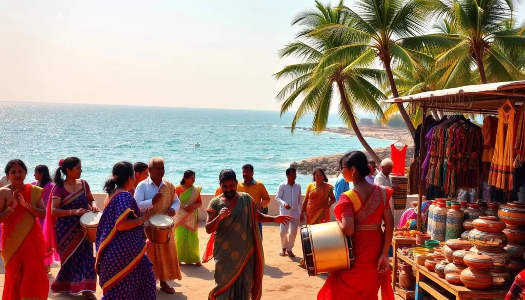 A vibrant coastal scene of Dadra Nagar Haveli's rich cultural heritage. In the foreground, a group of locals in traditional attire dance to the rhythmic beats of drums and cymbals. In the middle ground, colorful stalls showcase an array of hand-crafted textiles, pottery, and jewelry. The background features a picturesque seaside landscape, with sparkling azure waters and swaying coconut palms against a warm, golden sky. Natural sunlight filters through, casting a serene, ambient glow over the entire scene. Capture the essence of this coastal paradise, a harmonious blend of tradition, craftsmanship, and natural beauty.