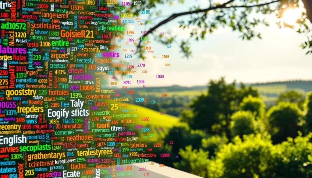A vibrant collage of English language data, meticulously arranged against a serene backdrop. In the foreground, a kaleidoscope of words, phrases, and numerical statistics float effortlessly, conveying the richness and complexity of the language. The middle ground features a sleek, modern interface, hinting at the digital realm where much of the language data resides. In the distance, a lush, sun-dappled landscape sets the tone, suggesting the ubiquity of English across diverse environments. Soft, natural lighting infuses the scene with a sense of warmth and approachability, inviting the viewer to immerse themselves in the captivating world of the English language.