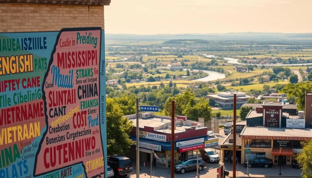A vibrant collage of languages spoken across the diverse landscape of Mississippi, USA. In the foreground, a lively mural features the state's official language, English, alongside Spanish, Vietnamese, Chinese, and Native American dialects. The middle ground showcases street signs and storefronts adorned with multilingual text, reflecting the multicultural character of the region. In the background, a panoramic view of the state's rolling hills and winding rivers, symbolizing the rich cultural tapestry that defines this southern state. The scene is bathed in warm, natural lighting, conveying a sense of harmony and inclusion. Captured with a wide-angle lens to encompass the breadth of linguistic diversity in Mississippi.