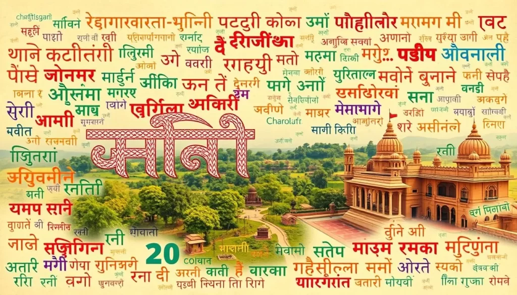 A vibrant collage of languages that define the heart of Chhattisgarh, India. In the foreground, Hindi takes center stage, its ornate script woven into the scene like a tapestry. Surrounding it, a kaleidoscope of other regional tongues - Chhattisgarhi, Gondi, Halbi, and Kurukh - dance across the canvas, their unique characters and rhythms creating a symphony of cultural expression. The middle ground features lush, verdant landscapes, a nod to the state's natural beauty, while the background showcases the iconic architectural elements that have witnessed the evolution of these languages over centuries. Warm, diffused lighting softens the edges, evoking a sense of timeless harmony amidst the diversity. This image captures the essence of Chhattisgarh's linguistic tapestry, a testament to the richness and unity of India's linguistic heritage.