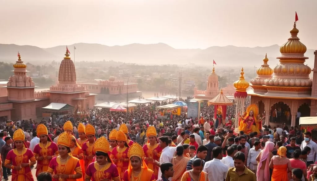 A vibrant, colorful celebration of Maharashtra's cultural heritage. In the foreground, a lively procession of performers adorned in traditional Maharashtrian attire, their intricate costumes and ornaments shimmering in the warm, golden sunlight. In the middle ground, bustling crowds gather around ornately decorated floats and stages, immersed in the festive atmosphere. In the background, a panoramic view of historic temples, grand palaces, and rolling hills, creating a picturesque setting for this celebration of Maharashtra's rich cultural tapestry. The scene is infused with a sense of joy, energy, and reverence, capturing the essence of the state's vibrant festivals.