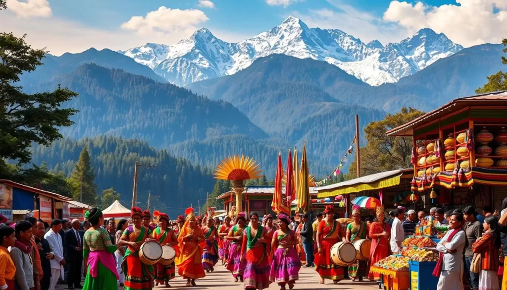 A vibrant, colorful display of Uttarakhand's cultural festivals unfolds against the backdrop of majestic Himalayan peaks. In the foreground, a lively procession of dancers adorned in traditional costumes perform intricate steps to the rhythm of drums and cymbals. In the middle ground, vendors sell vibrant textiles, aromatic spices, and handcrafted trinkets, creating a bustling marketplace. The background showcases the region's natural beauty, with verdant forests and snow-capped mountains providing a serene contrast to the energetic festivities. The warm, golden lighting casts a celebratory glow over the entire scene, capturing the joyous spirit of Uttarakhand's cultural heritage.