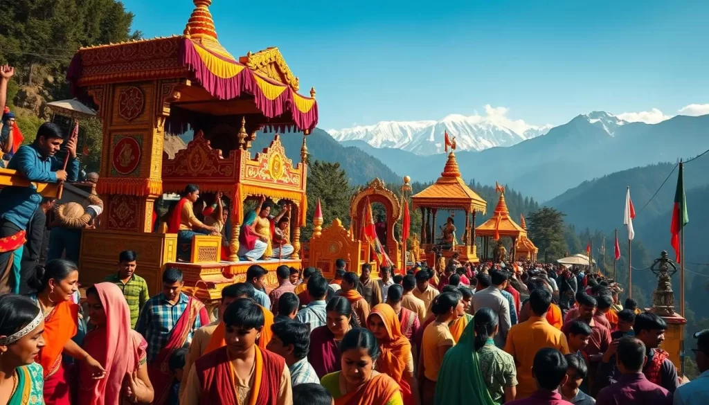 A vibrant, colorful festival scene in Uttarakhand, India. Foreground features a lively crowd of local people in traditional clothing, dancing and celebrating. Middle ground showcases intricately decorated floats, with performers and musicians. Background depicts a picturesque Himalayan landscape, with snow-capped peaks and verdant forests. Warm, natural lighting illuminates the festivities, creating a festive, inviting atmosphere. Capture the energy, joy, and cultural richness of a typical Uttarakhand festival through a wide, cinematic perspective.