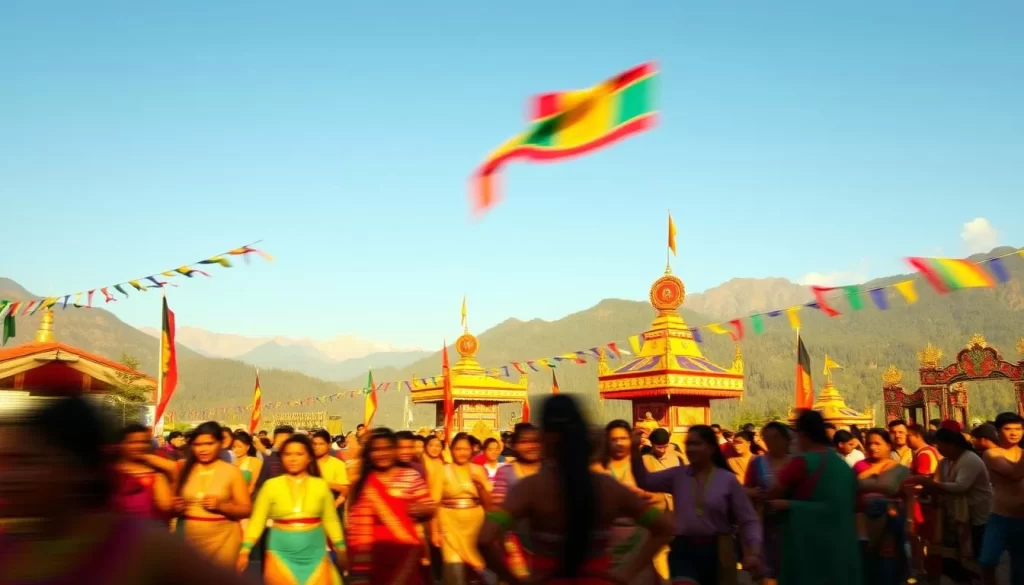 A vibrant, colorful festival scene in the lush, mountainous landscape of Arunachal Pradesh, India. In the foreground, a crowd of people in traditional tribal attire dance and celebrate, their movements captured in a dynamic blur. In the middle ground, elaborately decorated floats, flags, and banners sway in the gentle breeze. The backdrop features scenic vistas of rugged peaks, verdant forests, and clear blue skies, bathed in warm, golden lighting. The overall atmosphere exudes a sense of joyous, cultural celebration, inviting the viewer to immerse themselves in the unique festivities of this remote, enchanting region.