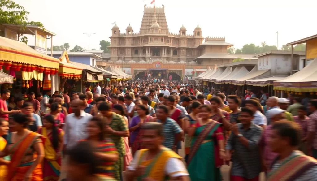 A vibrant, colorful festival scene set in a lively village in Manipur, India. In the foreground, a crowd of locals and visitors dressed in traditional attire participate in a lively dance, their movements captured in an energetic blur. In the middle ground, ornate stalls and tents offer an array of local crafts, textiles, and delicacies, creating a bustling marketplace atmosphere. In the background, a temple or palace towers over the scene, its intricate architecture bathed in warm, golden sunlight. The overall mood is one of celebration, community, and cultural richness, inviting the viewer to immerse themselves in the joyous festivities.