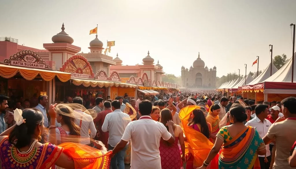 A vibrant, colorful scene of Chandigarh's bustling festival. In the foreground, a lively crowd dances to the rhythmic beats of traditional music, their vibrant costumes swirling in the air. In the middle ground, intricately decorated stalls offer an array of local handicrafts, street food, and festive trinkets. The background showcases the city's modern architectural marvels, their clean lines and geometric patterns complementing the organic energy of the celebration. Warm, golden sunlight filters through, casting a celebratory glow over the entire landscape. Capture the essence of Chandigarh's festival spirit - a harmonious blend of cultural heritage and contemporary vibrancy.