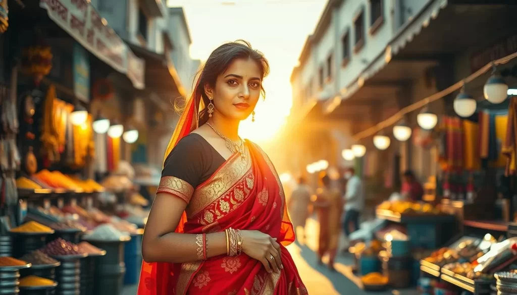 A vibrant, colorful scene of a Gujarati woman in traditional attire, standing gracefully against the backdrop of a lively, sun-drenched marketplace. Her ornate sari, in shades of deep red and intricate gold patterns, flows elegantly around her as a gentle breeze catches the fabric. Delicate jewelry, including intricately crafted bangles and a necklace, adorns her. The bustling market scene in the middle ground features vibrant stalls selling an array of goods, from spices and textiles to handicrafts. In the background, the warm, golden light of the sun filters through the buildings, creating a sense of welcoming ambiance. The overall composition conveys the rich cultural heritage and festive atmosphere of Gujarat, India.