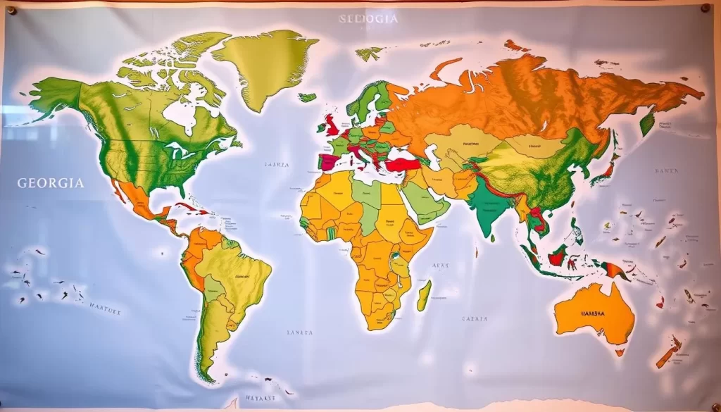 A vibrant, colorful world map fills the frame, showcasing the diverse languages spoken in the state of Georgia, United States. The map is rendered in a realistic, detailed style, with lush greens and blues representing the landmass and oceans. Scattered across the map are icons and symbols representing the top 10 most widely used languages, each in a distinct and eye-catching design. The scene is bathed in warm, natural lighting, creating a welcoming and informative atmosphere. The overall composition is balanced and visually striking, drawing the viewer's attention to the linguistic diversity of the region.