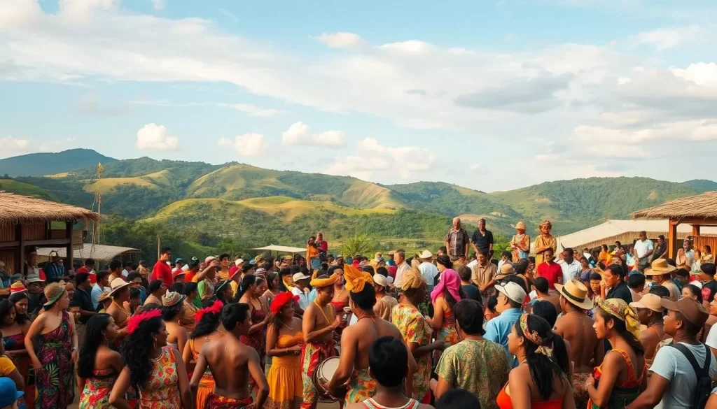 A vibrant crowd gathered in a lively Timorese village, celebrating a traditional festival. In the foreground, locals in colorful, intricate costumes dance to the rhythmic beats of drums and gongs. In the middle ground, artisans showcase their handcrafted wares, from intricate textiles to carved wooden sculptures. The background reveals a picturesque landscape, with lush, verdant hills and a clear, azure sky overhead, bathed in warm, golden light. The atmosphere is one of joyous celebration, cultural heritage, and community togetherness.