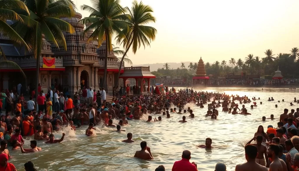 A vibrant crowd gathered on the banks of the Chunnambar River, engaging in the sacred Masimagam Festival ritual. In the foreground, devotees immerse themselves in the holy waters, their colorful attire reflecting the lively atmosphere. The middle ground showcases the ornate temple structures and shrines, their intricate architecture bathed in warm, golden sunlight. In the background, a serene landscape unfolds, with verdant palm trees swaying gently in the breeze. The scene evokes a sense of spiritual renewal and community, capturing the essence of this important festival in Puducherry, India.