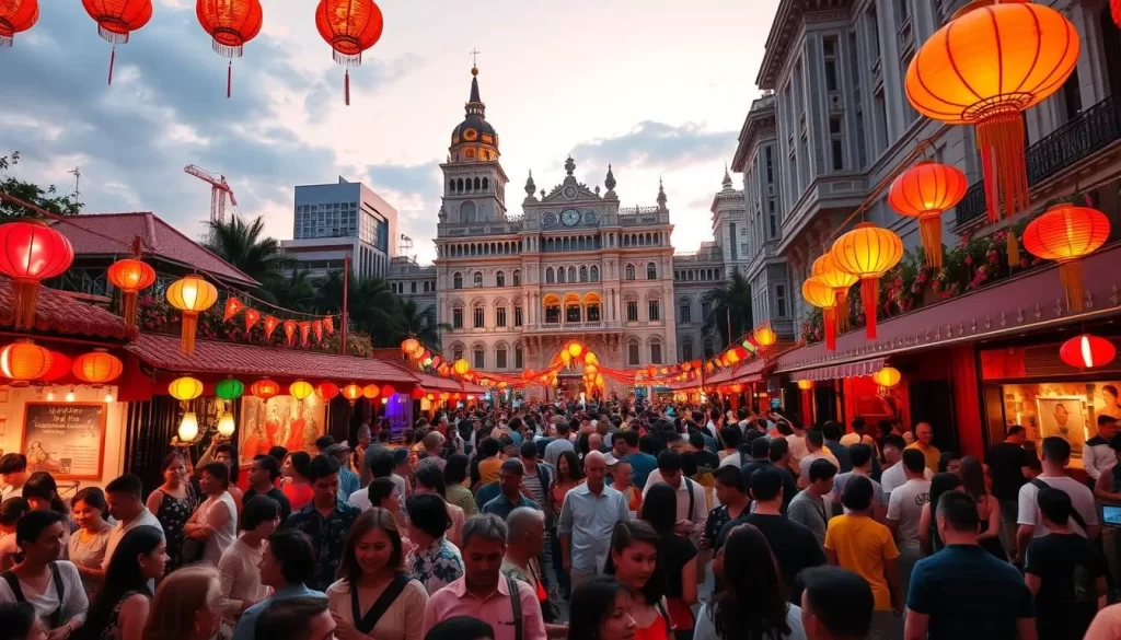 A vibrant crowd gathers in the heart of a Malaysian city, celebrating the year-end festivities with infectious energy. In the foreground, colorful lanterns and decorations adorn the streets, casting a warm glow over the lively scenes. In the middle ground, people of diverse backgrounds mingle, enjoying traditional music, dance performances, and delectable local cuisine. The background features grand, ornate buildings that serve as a stunning backdrop, their intricate architecture illuminated by the setting sun. The overall atmosphere is one of joy, unity, and cultural celebration, capturing the essence of Malaysia's diverse and vibrant year-end festivities.