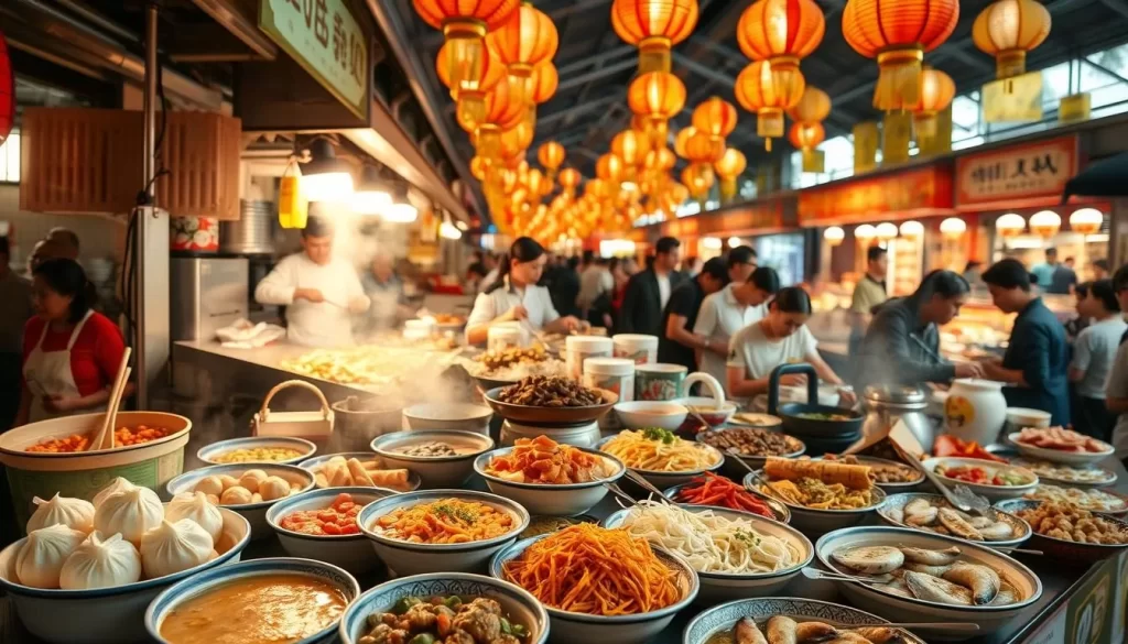 A vibrant culinary scene unfolds at the Yilan Festival, showcasing the region's gastronomic delights. In the foreground, an array of colorful local dishes tempts the senses - steaming hot soup dumplings, fragrant stir-fried noodles, and delicate seafood platters. In the middle ground, lively food stalls bustle with activity, their owners skillfully preparing and serving the mouthwatering specialties. The background is filled with the bustling energy of the festival, with lanterns and decorations creating a warm, festive atmosphere. The lighting is soft and natural, casting a golden glow over the scene. The camera angle is slightly elevated, giving an immersive, panoramic view of the culinary celebration.