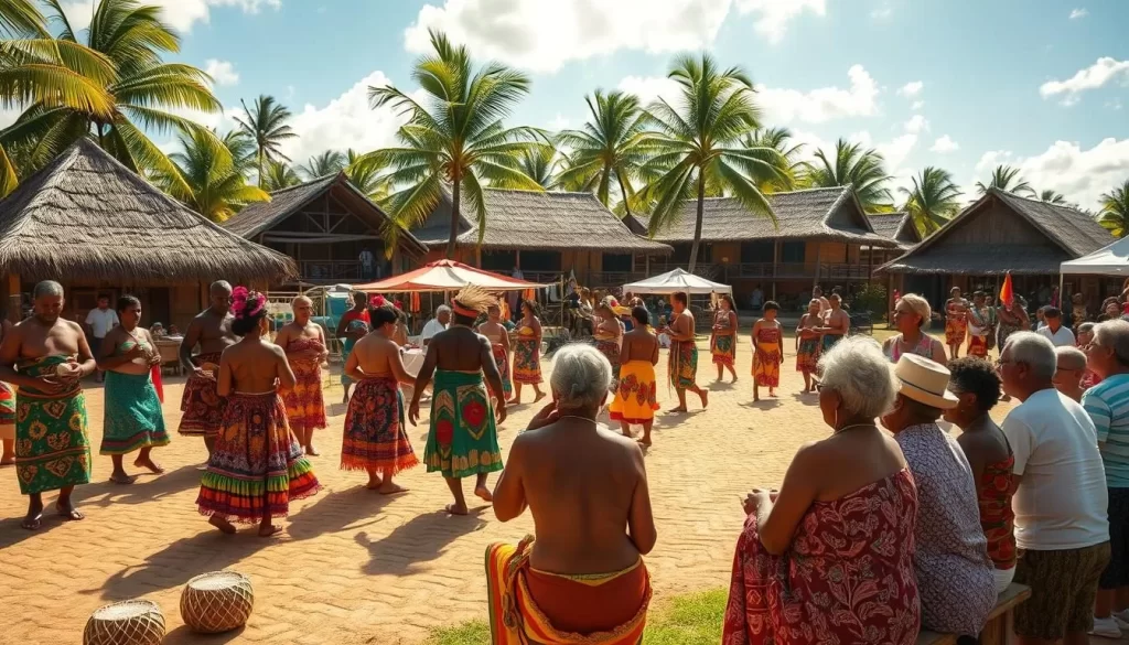 A vibrant cultural festival in Kiribati, with local people in colorful traditional attire dancing and performing on a sun-drenched village square. In the background, thatched-roof houses and palm trees sway gently in the breeze. The scene is bathed in warm, golden light, creating a lively, celebratory atmosphere. The festival features intricate hand-woven baskets, shell jewelry, and other artisanal crafts displayed on stalls. A group of elders sit in the shade, observing the festivities with a sense of pride and tradition. The overall composition conveys the rich cultural heritage and community spirit of Kiribati.