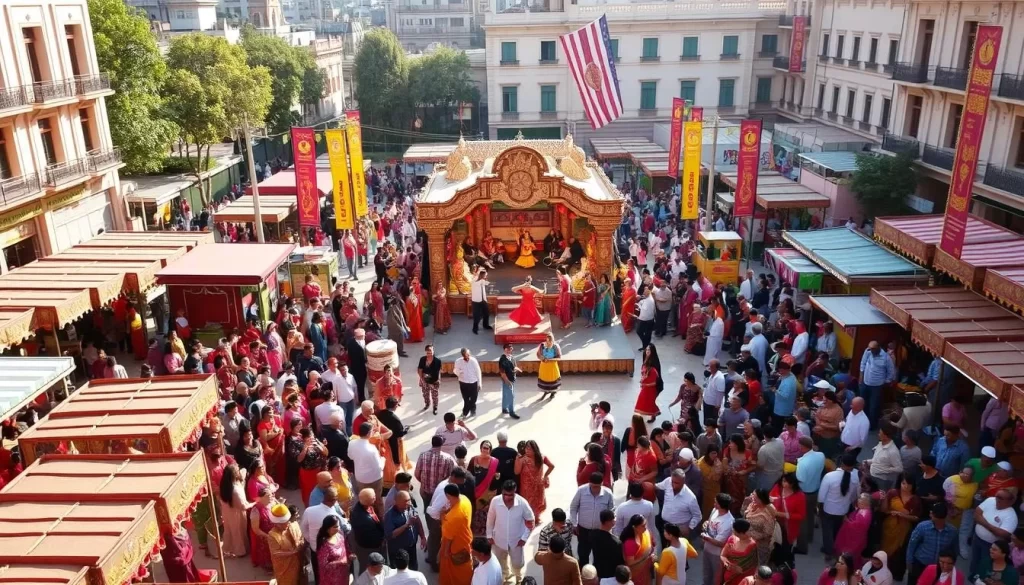 A vibrant cultural festival in a bustling city square, with crowds of people in colorful traditional attire dancing and celebrating. Rows of ornate food stalls and craft vendors line the perimeter, their wares casting a warm glow in the afternoon sunlight. In the center, an energetic performance of music and dance takes place on an ornate stage, surrounded by decorative flags and banners fluttering in a gentle breeze. The scene is alive with the sights, sounds, and aromas of a joyous cultural celebration, capturing the rich diversity and tradition of the local community.