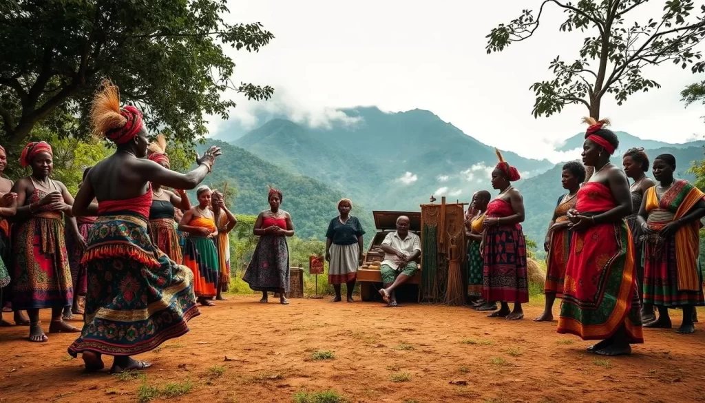 A vibrant cultural gathering in the lush Udzungwa foothills. In the foreground, locals in colorful traditional dress perform a captivating tribal dance, their movements graceful and energetic. In the middle ground, artisans display their handcrafted wares - intricate wood carvings, vibrant textiles, and gleaming jewelry. The background reveals the verdant Udzungwa Mountains, their peaks shrouded in mist, creating a serene and otherworldly atmosphere. Warm, diffused lighting casts a golden glow over the scene, evoking a sense of timelessness. This captivating cultural experience transports the viewer to the heart of Tanzania's rich heritage.