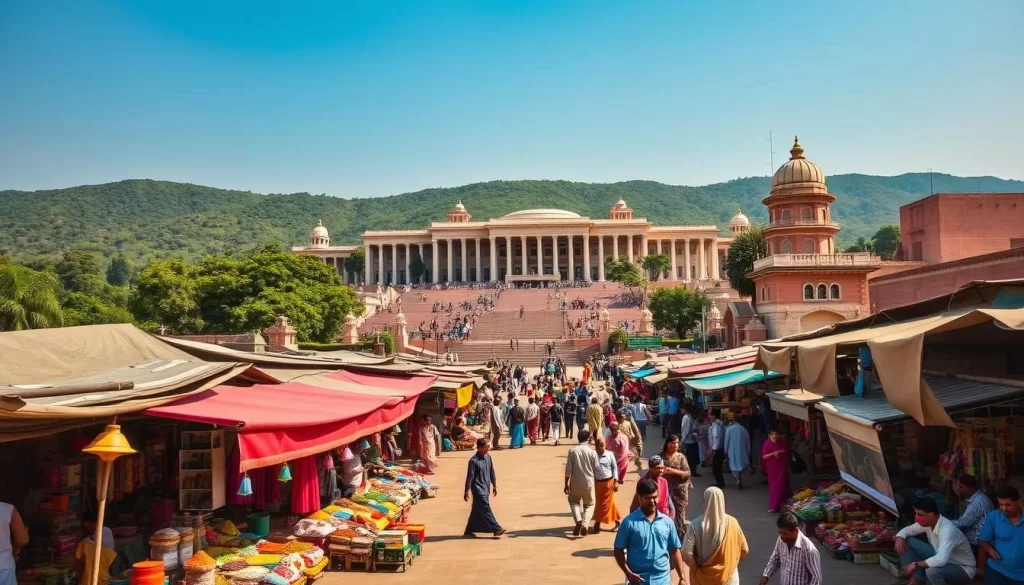 A vibrant cultural landscape in Chandigarh, India. In the foreground, a vibrant outdoor market bustles with activity, vendors selling colorful textiles, spices, and local crafts. The middle ground features a grand, modern architecture with clean lines and a mix of traditional and contemporary elements. In the background, lush green hills and a clear blue sky create a serene backdrop. The lighting is warm and natural, casting a golden glow over the scene. The overall atmosphere is one of energy, diversity, and a harmonious blend of old and new. The camera angle is slightly elevated, capturing the dynamism and scale of the cultural landscape.