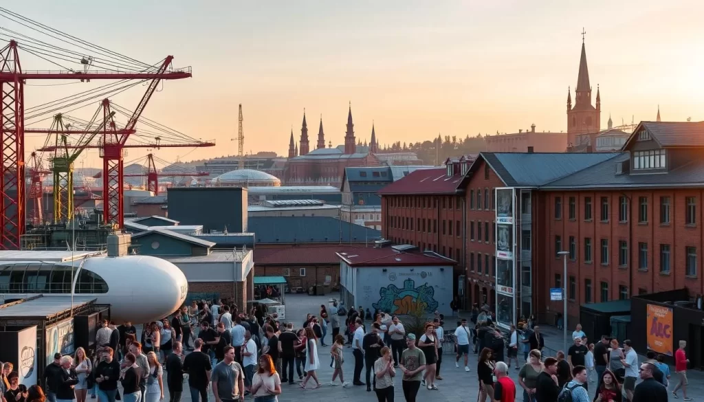 A vibrant cultural renaissance unfolds at the historic Gdańsk Shipyards, where towering cranes and industrial machinery stand in harmonious contrast with newly revitalized public spaces. In the foreground, people gather to appreciate the shipyard's storied past, mingling amidst modern art installations and lively performances. The middle ground reveals refurbished shipyard buildings, their facades adorned with murals and creative signage. In the background, the iconic Gdańsk skyline rises, its spires and rooftops bathed in warm, golden sunlight. The scene exudes a sense of progress and community, showcasing the shipyards' successful transformation into a vibrant cultural hub.