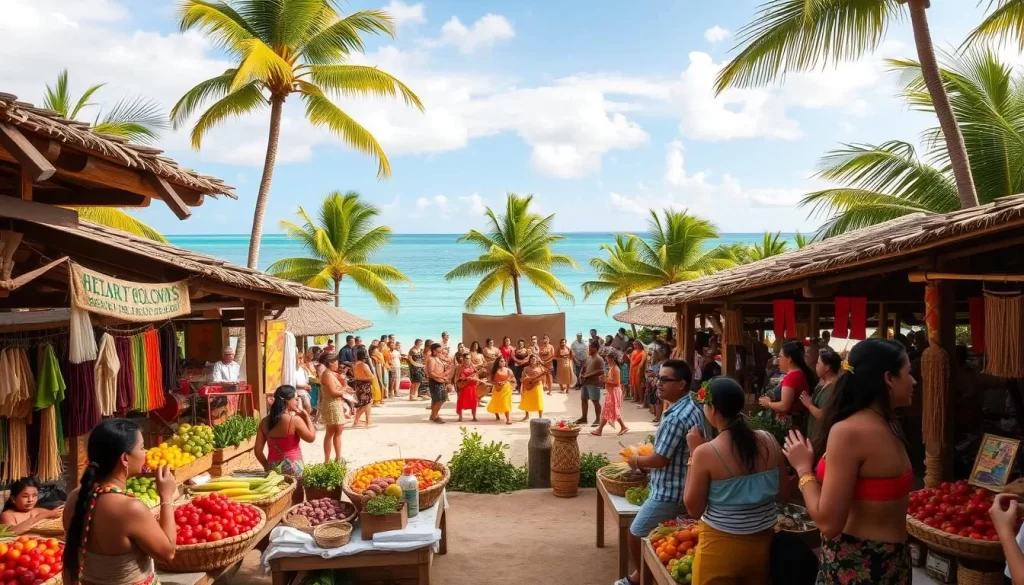 A vibrant cultural scene in French Polynesia, with an open-air market in the foreground showcasing local artisanal crafts, fresh tropical produce, and traditional performances. In the middle ground, a lively crowd gathers around a stage where dancers in colorful costumes sway to the rhythm of ukuleles and drums. In the background, lush palm trees and azure waters of the lagoon set the idyllic Polynesian backdrop. Warm natural lighting bathes the entire scene, creating a welcoming and celebratory atmosphere.