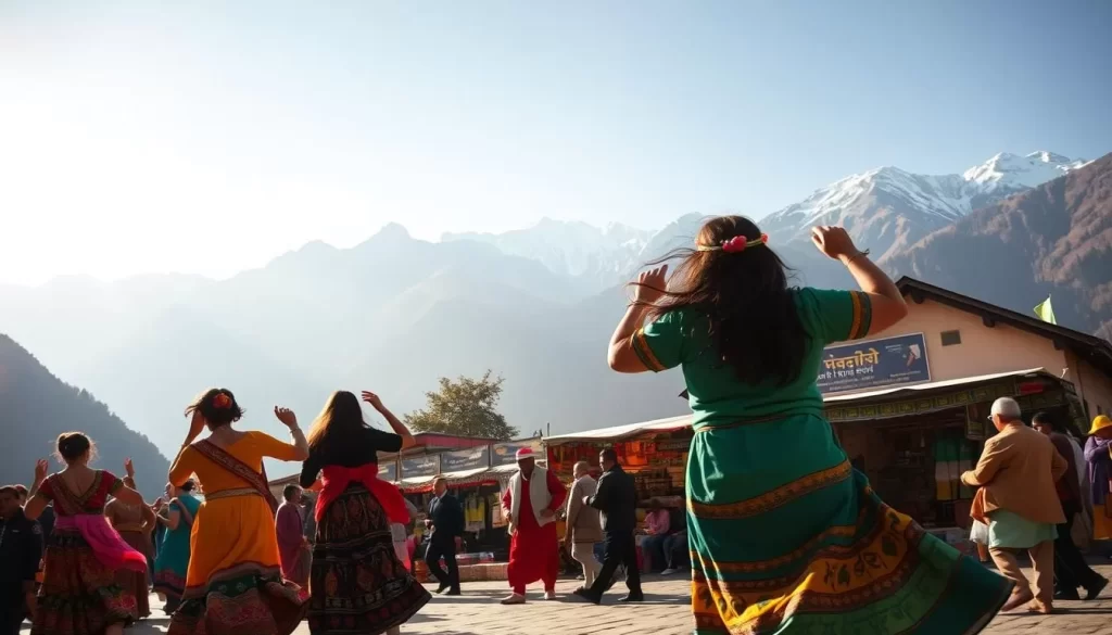 A vibrant cultural tapestry unfolds in the scenic landscapes of Jammu and Kashmir, India. Capture the essence of this region's festivals through a captivating image. In the foreground, colorfully dressed dancers sway to the rhythmic beats of traditional music, their movements fluid and graceful. In the middle ground, a bustling marketplace comes alive, with vendors offering an array of local handicrafts, spices, and delicacies. In the background, the majestic Himalayan peaks stand tall, their snow-capped summits casting a serene glow over the festivities. Warm sunlight filters through, illuminating the vibrant tapestry of culture and tradition. Convey the celebratory spirit, the rich heritage, and the breathtaking natural beauty that define the festivals of Jammu and Kashmir.