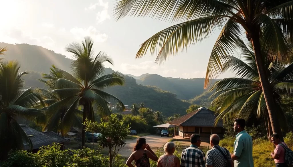A vibrant, culturally-rich landscape showcasing the unique Nicobarese language. Set against a backdrop of lush, verdant hills, a traditional Nicobarese village nestles amidst swaying palm trees. In the foreground, a group of people converse animatedly, their gestures and expressions reflecting the rhythmic cadence of their native tongue. Warm, golden sunlight filters through the canopy, casting a gentle glow over the scene. The overall mood is one of cultural heritage, community, and the enduring spirit of the Nicobar Islands. Capture this scene with a wide-angle lens, emphasizing the harmony between the people, their language, and the natural environment.
