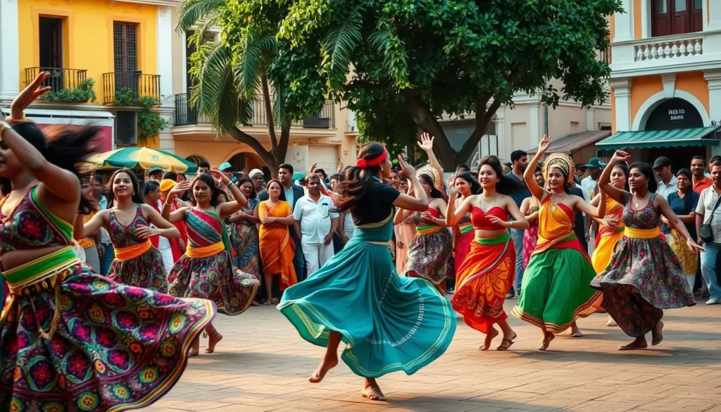 A vibrant dance festival in Pondicherry, India. In the foreground, a troupe of dancers swirl and leap, their colorful costumes and intricate movements capturing the energy of the celebration. In the middle ground, a lively crowd watches, their faces alight with joy and wonder. The background reveals the picturesque streets of Pondicherry, with its distinctive French colonial architecture bathed in warm, golden sunlight. The scene evokes a sense of cultural richness, joyous community, and the unique blend of Indian and French influences that define this enchanting city.