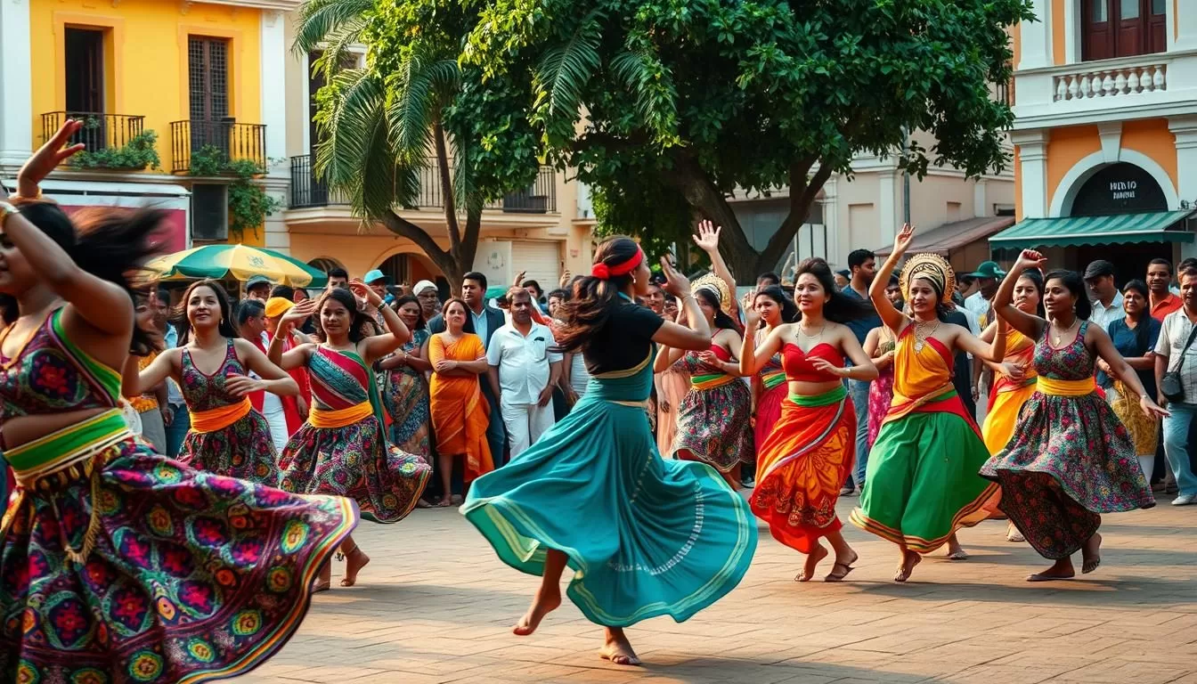 A vibrant dance festival in Pondicherry, India. In the foreground, a troupe of dancers swirl and leap, their colorful costumes and intricate movements capturing the energy of the celebration. In the middle ground, a lively crowd watches, their faces alight with joy and wonder. The background reveals the picturesque streets of Pondicherry, with its distinctive French colonial architecture bathed in warm, golden sunlight. The scene evokes a sense of cultural richness, joyous community, and the unique blend of Indian and French influences that define this enchanting city.