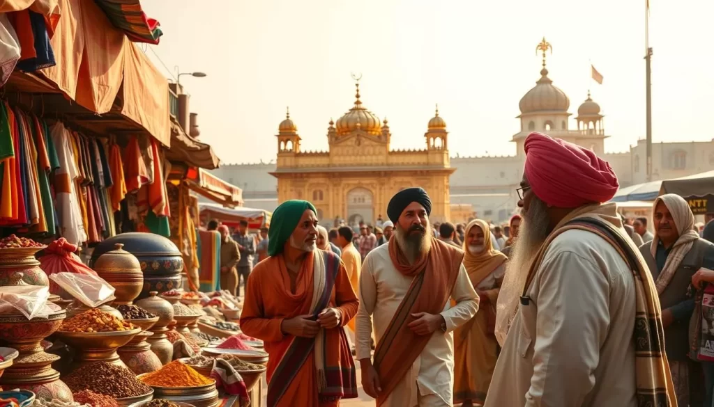 A vibrant, detailed scene showcasing the essence of the Punjabi language. In the foreground, a lively street market in Amritsar, India, with vendors selling colorful fabrics, spices, and traditional Punjabi delicacies. Middle ground features a group of locals engaged in animated conversation, their expressions and gestures conveying the warmth and energy of the Punjabi culture. In the background, the iconic Golden Temple stands tall, its gilded domes and intricate architecture reflecting the rich heritage of the region. Warm, golden sunlight filters through, casting a serene glow over the entire scene. Capture the pride and vibrancy of the Punjabi language in this meticulously crafted, realistic landscape.