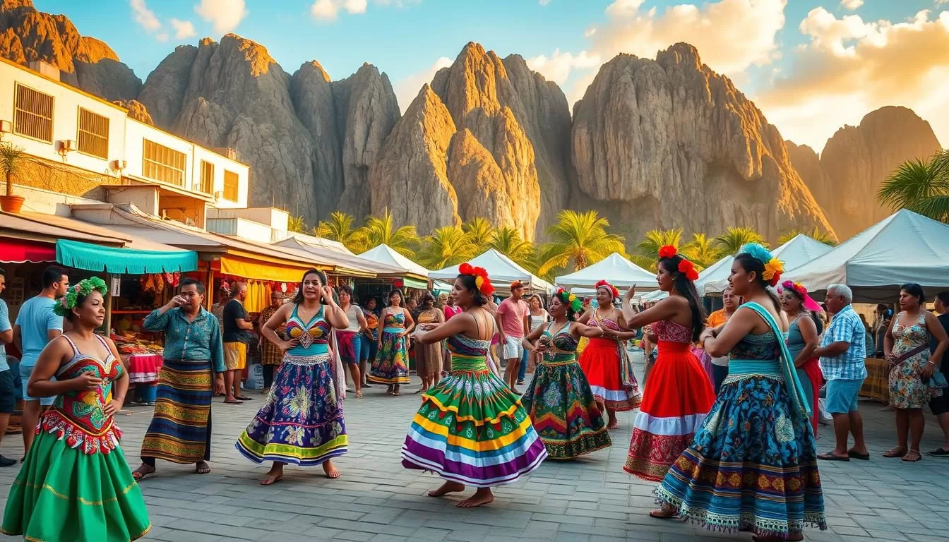 A vibrant display of Christmas Island's cultural heritage, with colorful locals gathered in a bustling town square. In the foreground, a group of dancers adorned in traditional costumes perform a lively routine, their movements captured in a dynamic, high-resolution photograph. The middle ground features a lively market, with stalls selling exotic spices, handcrafted souvenirs, and delectable local cuisine. In the background, the iconic limestone cliffs of the island provide a stunning natural backdrop, bathed in warm, golden sunlight. The overall scene conveys a sense of festivity, community, and the unique blend of cultures that defines the essence of Christmas Island.