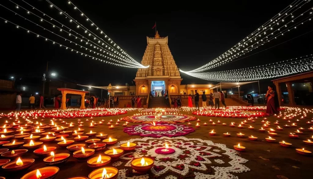 A vibrant display of Karthigai Deepam, the Festival of Lights, in Tamil Nadu, India. The foreground showcases an array of colorful oil lamps, their flickering flames casting a warm, inviting glow. In the middle ground, intricate kolam patterns adorn the ground, created with rice flour and flower petals. The background features a grand temple, its towering gopuram illuminated by strings of lights that stretch across the sky, bathing the scene in an ethereal, festive atmosphere. Capture the energy and cultural richness of this annual celebration through a dynamic, wide-angle lens that highlights the harmony of tradition, faith, and the power of light.