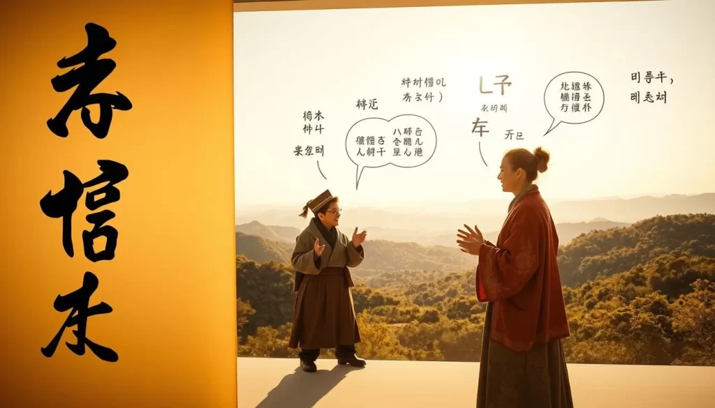 A vibrant display of Korean language variants, showcasing the rich diversity of the peninsula. In the foreground, a graceful calligraphic brush stroke depicts the elegant Hangul script, the foundation of both North and South Korean dialects. In the middle, two figures engaged in lively conversation, their animated gestures and expressions reflecting the nuanced differences in regional accents and idioms. In the background, a panoramic landscape of rolling hills and verdant forests, a nod to the shared cultural heritage that binds the Korean people. Warm, natural lighting casts a golden glow, evoking a sense of unity and harmony amidst the linguistic variations. Captured with a wide-angle lens to convey the breadth and depth of this linguistic tapestry.