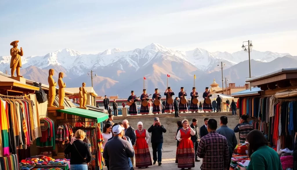 A vibrant display of Kyrgyzstan's rich cultural heritage, captured on a picturesque day. In the foreground, a lively outdoor market bustles with vendors showcasing traditional handicrafts, colorful textiles, and intricately carved wooden sculptures. In the middle ground, a group of local musicians and dancers perform a captivating folkloristic routine, dressed in ornate national costumes. The background is dominated by the majestic Tian Shan mountains, their snow-capped peaks reflecting the warm, golden light of the sun. The scene exudes a sense of warmth, community, and the enduring spirit of Kyrgyzstan's vibrant cultural traditions.