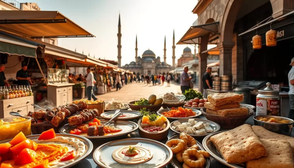 A vibrant display of Sanliurfa's culinary delights on a sun-dappled outdoor table. In the foreground, an array of fragrant, colorful dishes - steaming kebabs, creamy hummus, tangy pickled vegetables, and flaky baklava. The middle ground features the bustling energy of a local market, with vendors hawking fresh produce and spices. In the background, the iconic silhouettes of Sanliurfa's historic mosques and stone architecture, casting long shadows across the scene. Warm, golden lighting illuminates the feast, inviting the viewer to savor the flavors and immerse themselves in the rich cultural tapestry of this Turkish city.
