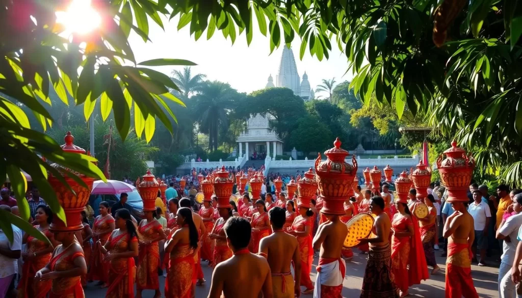 A vibrant display of Sri Lankan culture, with a colorful procession of dancers and musicians in traditional costumes. Lush tropical foliage frames the scene, creating a serene and inviting atmosphere. The sun casts a warm glow, illuminating the intricate details of the festivities. In the foreground, a group of celebrants carry ornate, intricately carved lanterns, while in the middle ground, drummers and performers engage the crowd. In the background, a majestic temple or palace serves as a grand backdrop, hinting at the rich heritage and spirituality of the island nation. The overall impression is one of joyous celebration, where the diverse traditions of Sri Lanka converge in a vibrant cultural tapestry.