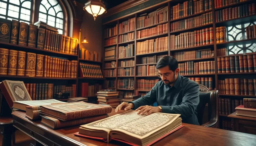 A vibrant display of Urdu literature in a well-lit library setting. Rows of ornately bound books line the shelves, their intricate calligraphic covers reflecting the rich cultural heritage. Soft, warm lighting filters through large windows, casting a cozy glow over the scene. In the foreground, a scholar sits at a wooden desk, immersed in an ancient Urdu manuscript, surrounded by the timeless wisdom of the written word. The atmosphere is one of contemplation and reverence, celebrating the enduring power of Urdu as a language of administration, poetry, and intellectual discourse.