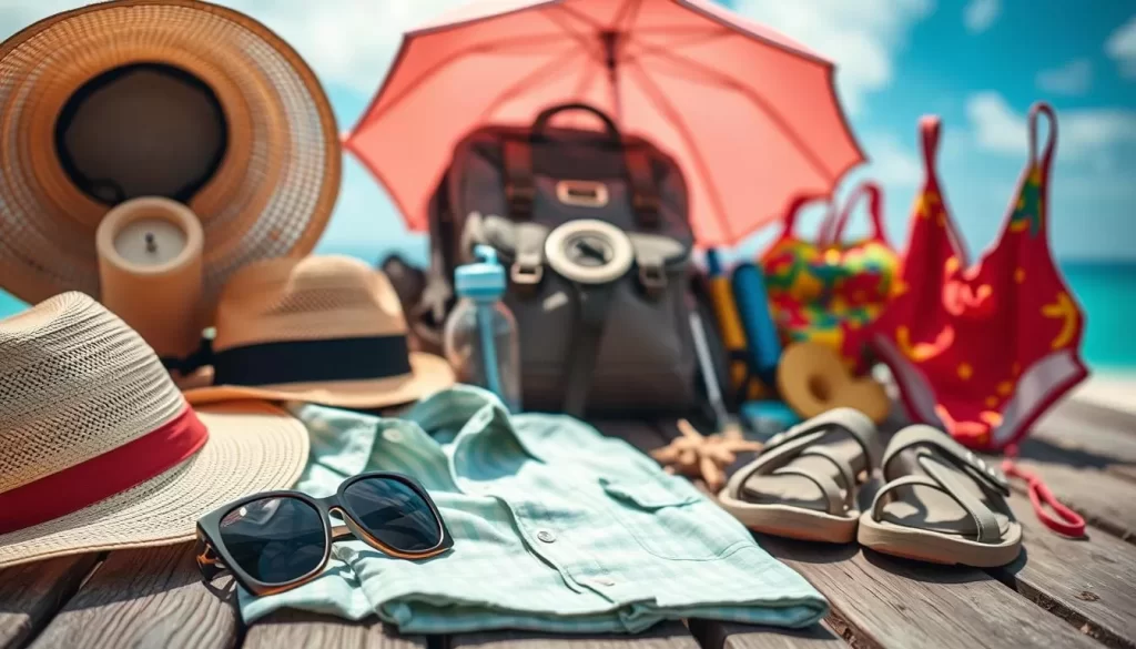 A vibrant display of essential items for a Kiribati adventure on a warm, sunny day. In the foreground, a neatly arranged collection of sun hats, sunglasses, and a lightweight, breathable button-up shirt. In the middle ground, a sturdy backpack, a water bottle, and a compact umbrella to shield from sporadic tropical showers. In the background, a pair of comfortable, water-resistant sandals and a vibrant, quick-drying swimsuit, ready for island excursions and beach explorations. Soft, diffused lighting bathes the scene, evoking the relaxed, carefree atmosphere of an island getaway.