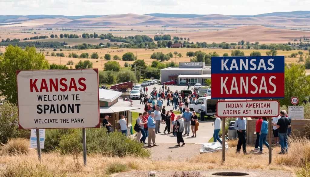 A vibrant, diverse landscape showcasing the linguistic richness of Kansas. In the foreground, prominent signs in English, Spanish, and Native American languages welcome visitors, reflecting the state's multicultural heritage. In the middle ground, a bustling town square with locals conversing in various tongues, creating a harmonious tapestry of dialects. In the background, gently rolling hills and prairies, a serene backdrop to the vibrant linguistic tapestry. Soft natural lighting bathes the scene, accentuating the warm, welcoming atmosphere. Captured with a wide-angle lens to convey the expansive, inclusive nature of Kansas' linguistic landscape.