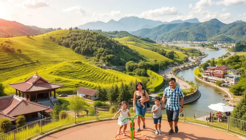 A vibrant family adventure in Changhua County, Taiwan - rolling green hills dotted with lush forests, a tranquil river meandering through the landscape. In the foreground, a cheerful family explores a charming local attraction, perhaps a historic temple or a quaint riverside park, bathed in warm afternoon sunlight. Children play on colorful playground equipment as parents admire the scenic vistas. The middle ground features bustling local markets and shops, where families can discover unique Taiwanese crafts and delicacies. In the distance, the majestic mountains of Changhua provide a breathtaking backdrop, creating a sense of wonder and discovery. Capture the essence of this family-friendly destination with its rich cultural heritage and stunning natural beauty.